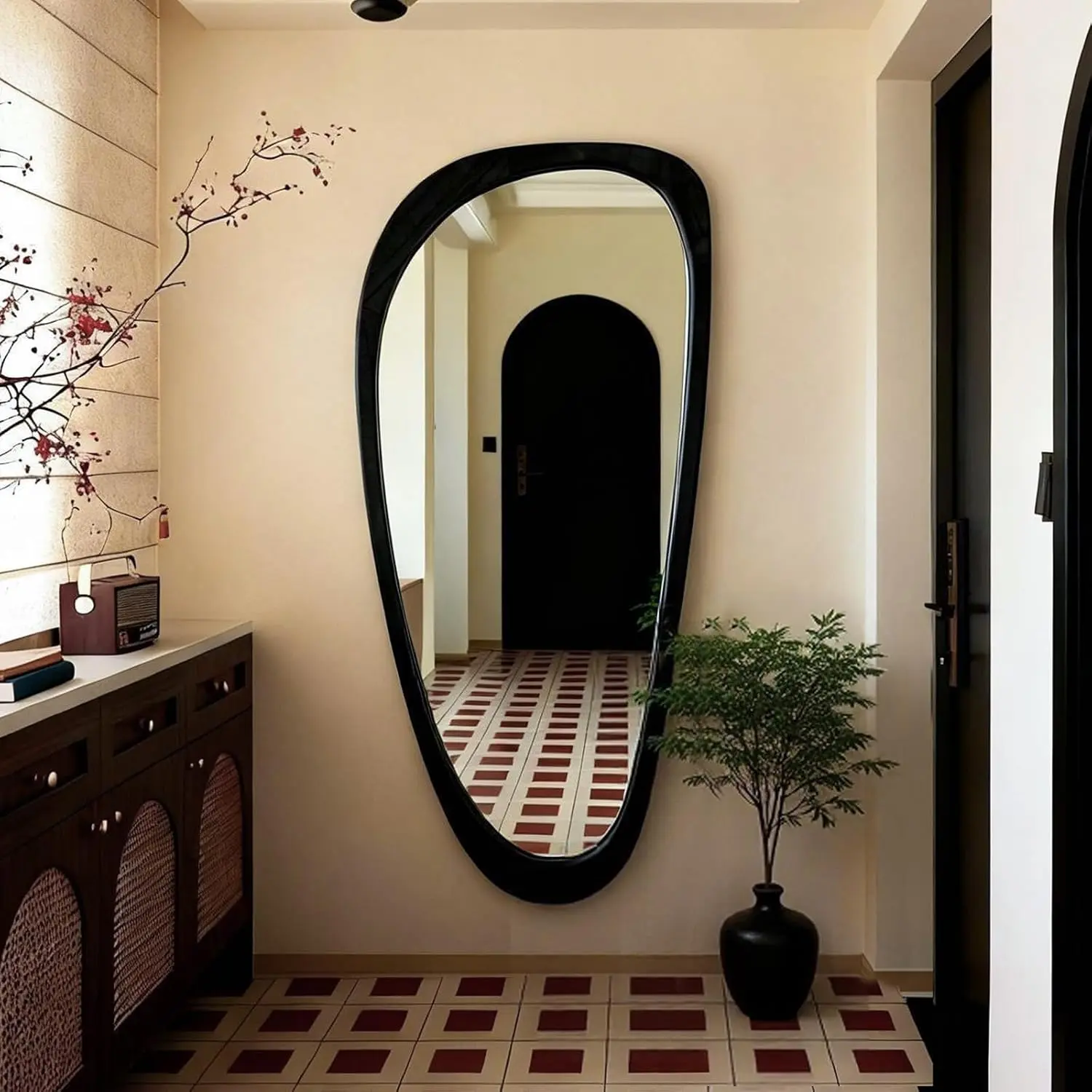 Asymmetrical Mirror, 48"x22" Irregular Mirror Full Length,  Wall Mirror for Bathroom Bedroom Living Room Entryway Hallway, Mid Century Modern Decor (Black)