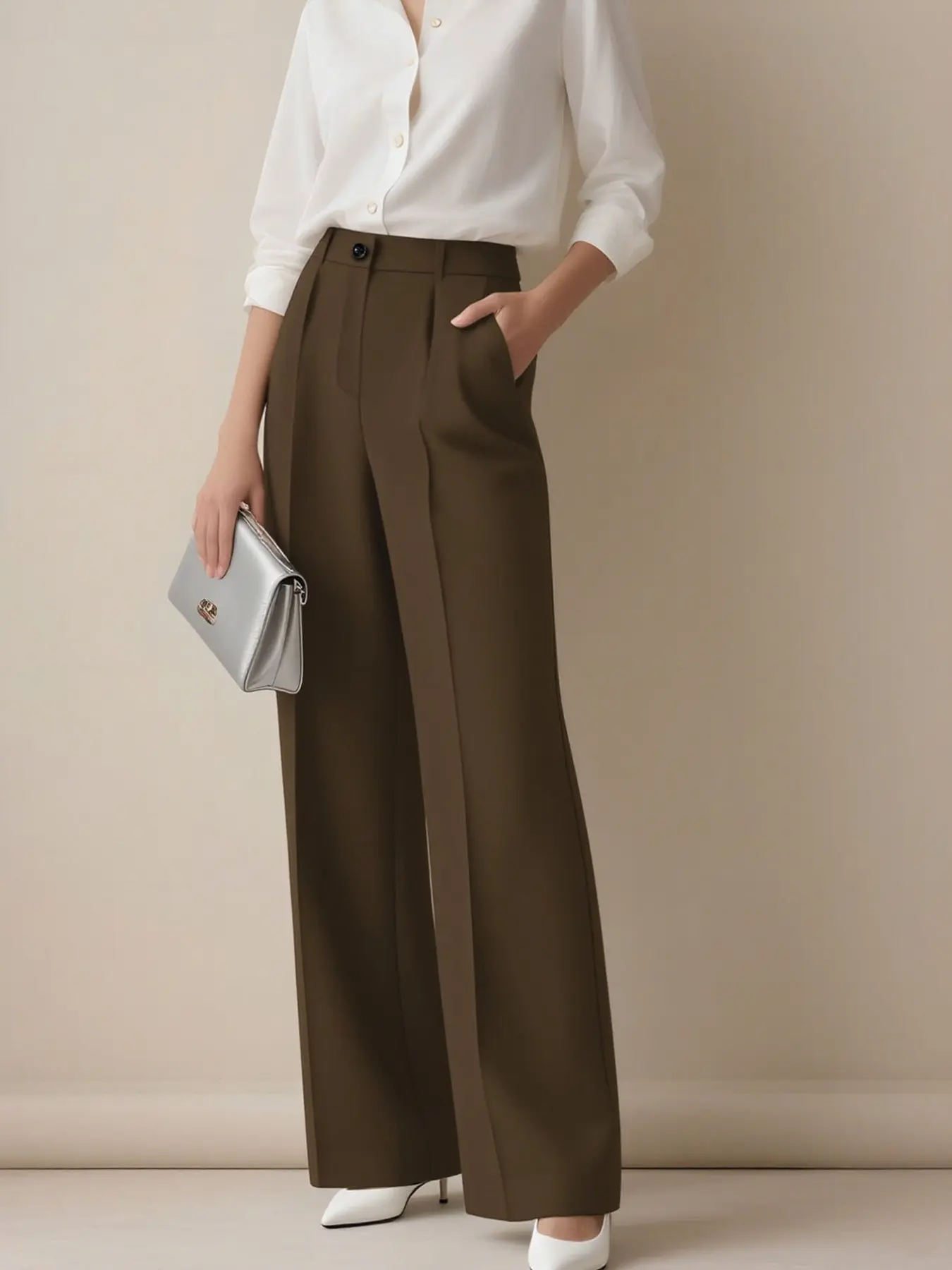 Women's High-Waisted Wide Leg Pants, Solid Color Fitted Trousers, Elegant Office Wear, Casual Straight Leg Jeans, All Seasons