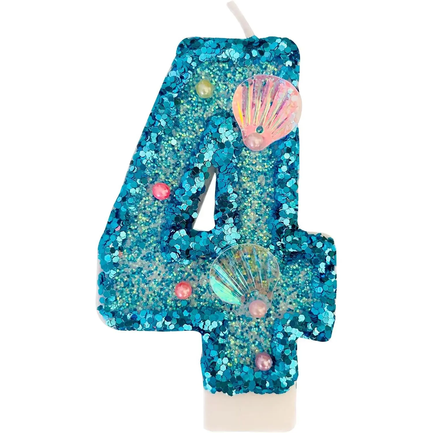 Blue Number Candle,Shell Sequins Number Candles for Birthday Cakes  Themed Party Supplies Number 4 Candle