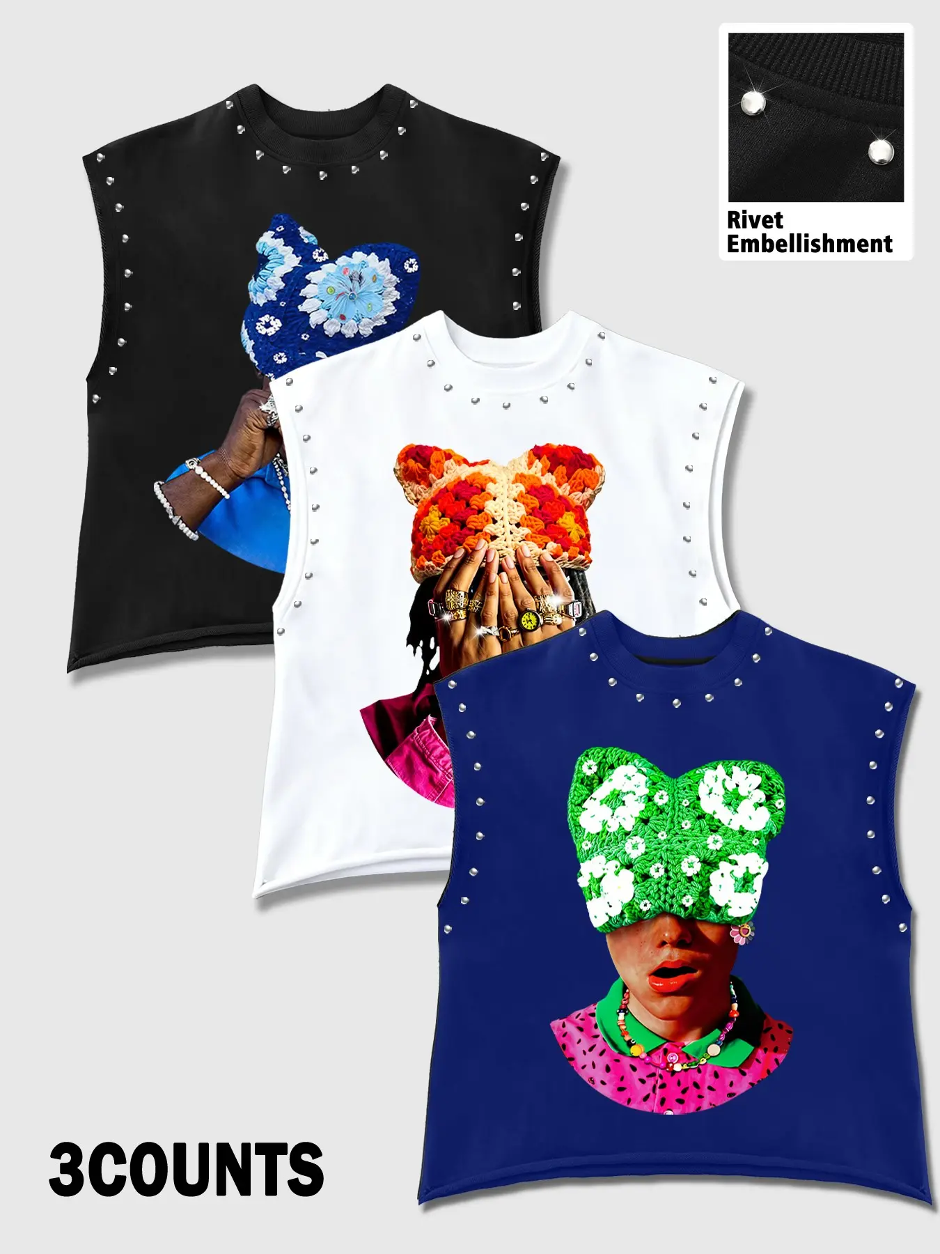 Men's Casual Tank Top 3-Piece Set, Cat Ear Hat Portrait Graphic Print Sleeveless Shirt, Loose Fit, Summer Daily Wear, Fashion Men's Clothing