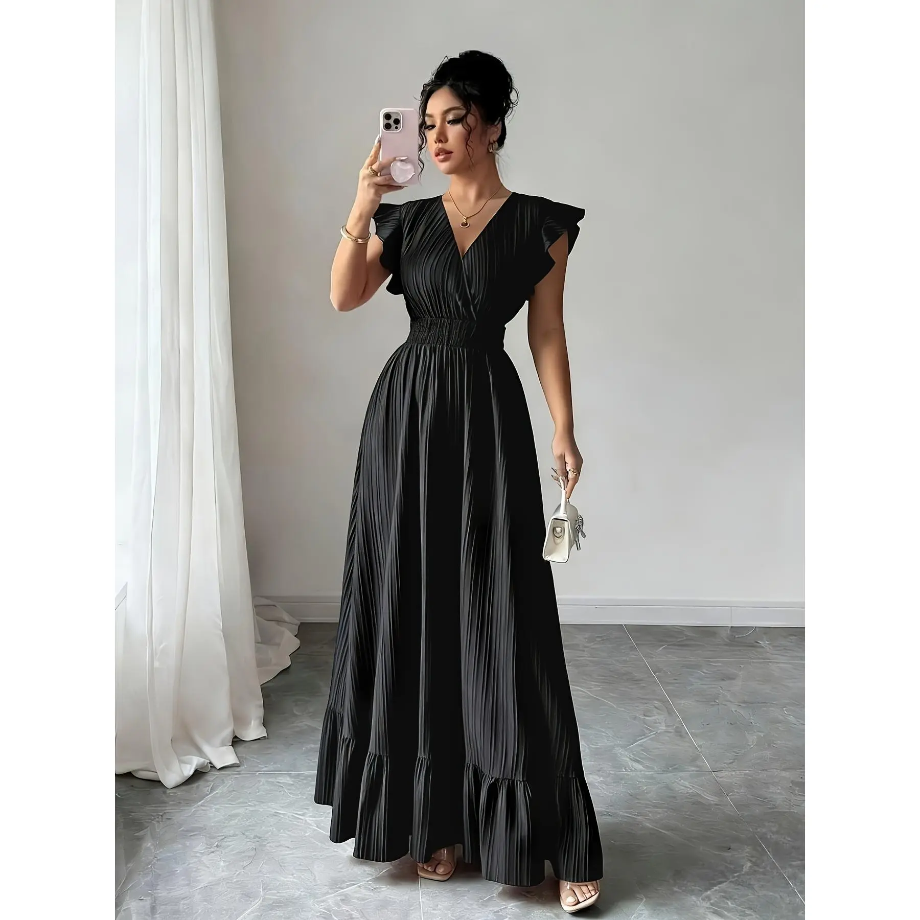 Women's Chic Polyester Woven Elegant Solid V-Neck Ruffled Long Dress - Spring Summer Pleated Short Sleeve Womenswear, Ideal for Weddings, Graduation Ceremonies, Beach Vacations [Niannian], Elegant Dresses, Fabric, Simple Wedding Guest Dresses