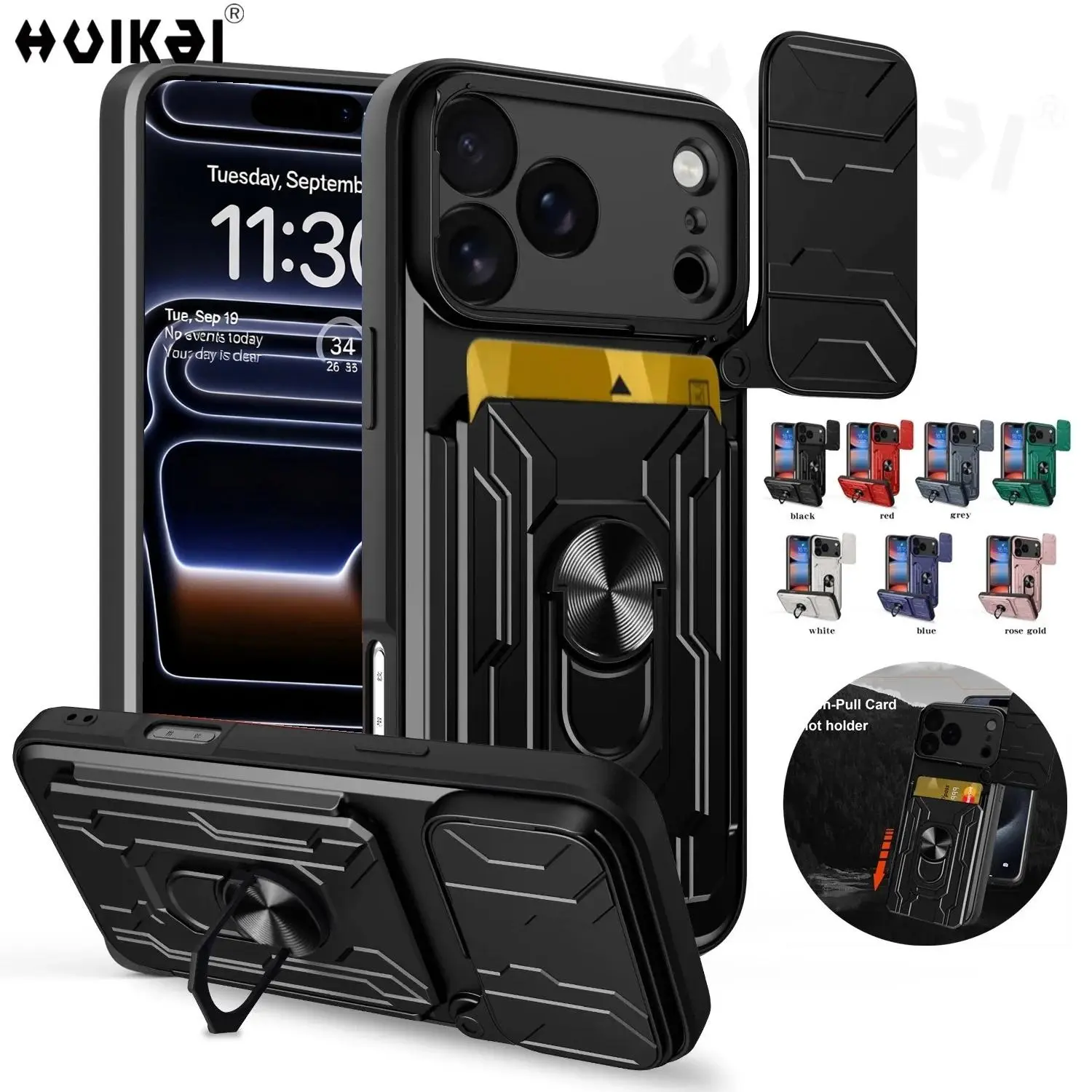 Card Case For iPhone 17 Pro Max 17e 16 Pro 15 14 13 Bag Camera Protection Ring Stand Phone Back Cover Kickstand Slide Armor Case