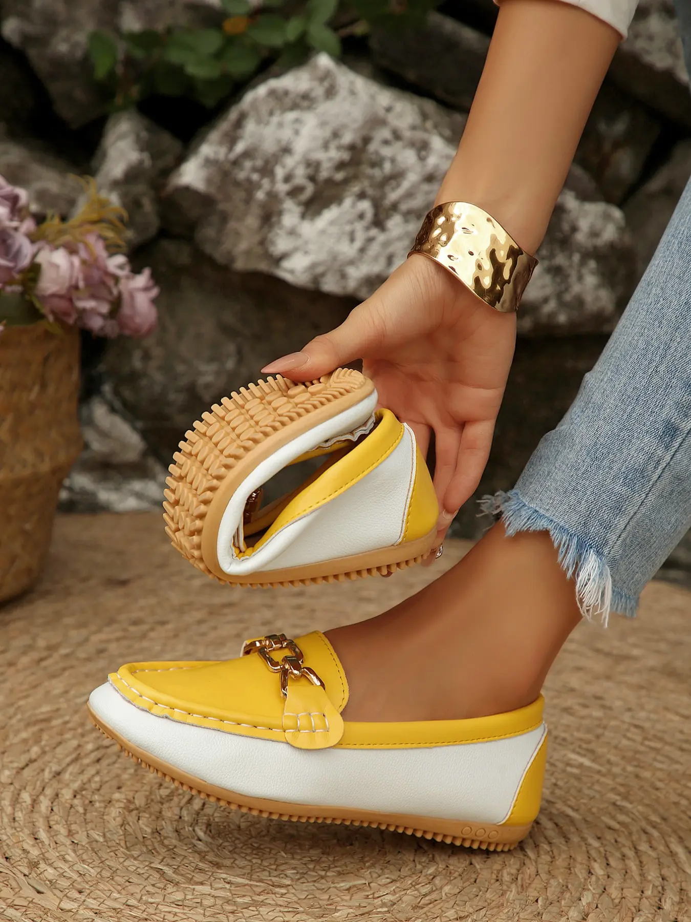 Women's Fashion Colorblock Metal Buckle Loafers, Slip-On Low Heel Shoes, Comfortable Massage Sole, Casual Daily Wear, Lightweight Commute, Soft Sole Flats
