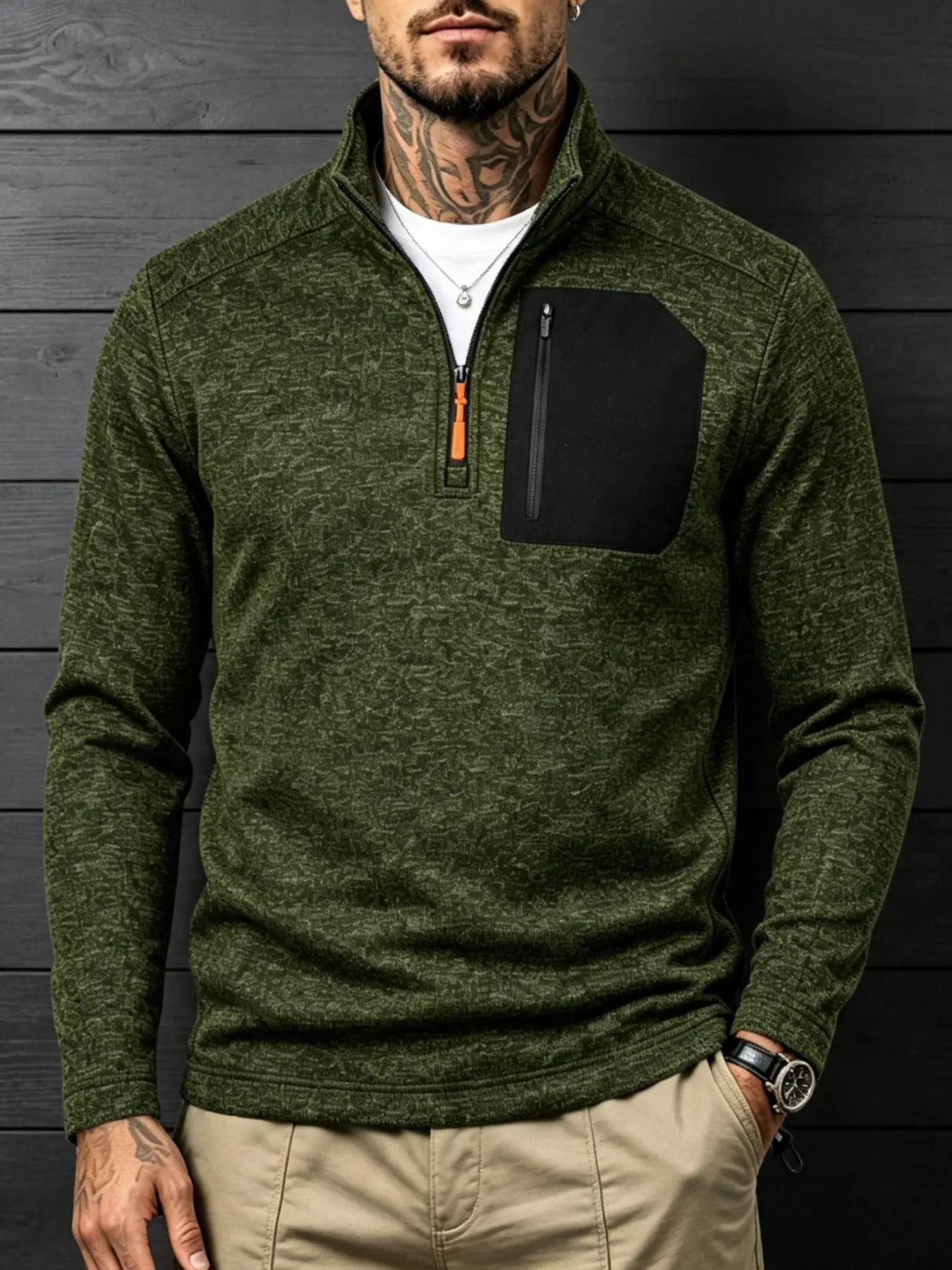 Men's Heavyweight Fleece‑Lined Outdoor Tactical Functional Cationic Marled Quarter‑Zip Pullover, Stand Collar Sweatshirt, Adjustable Hem Drawstring, Soft Warm Long Sleeve Top for Hiking Daily Casual Outfits, Multiple Colors Plus Sizes S‑3XL