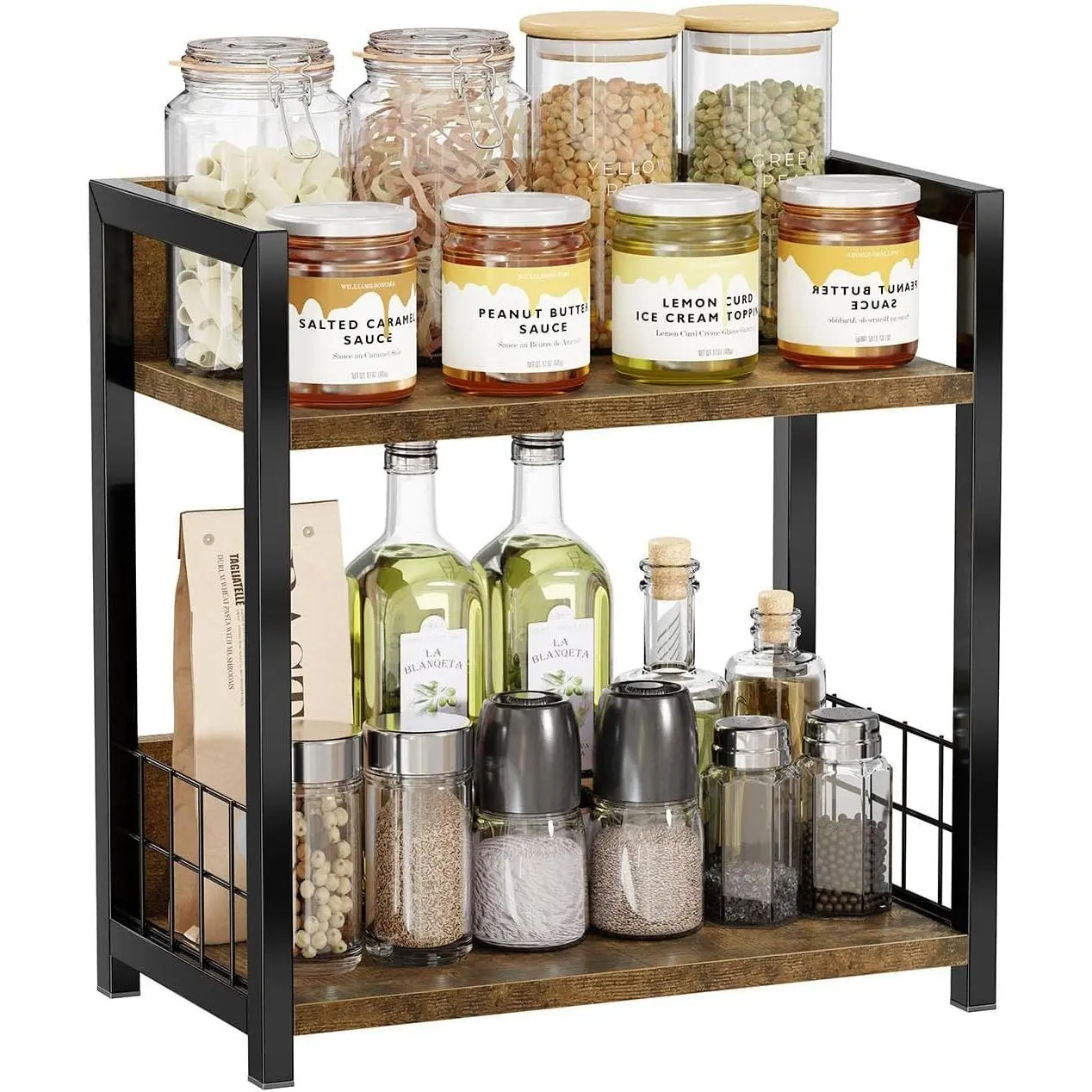 Countertop Shelf Organizer, 2 Tier Kitchen Spice Rack, Coffee Bar Station Storage, for Kitchen Cabinet Bathroom Living Room, Brown, M