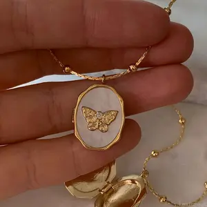Real Gold Plated Openable Locket Necklace With Butterfly & Shell Photo Frame Pendant, Vintage Anti-Fade Neck Jewelry, Unique Personalized Ornament For Women Daily Matching