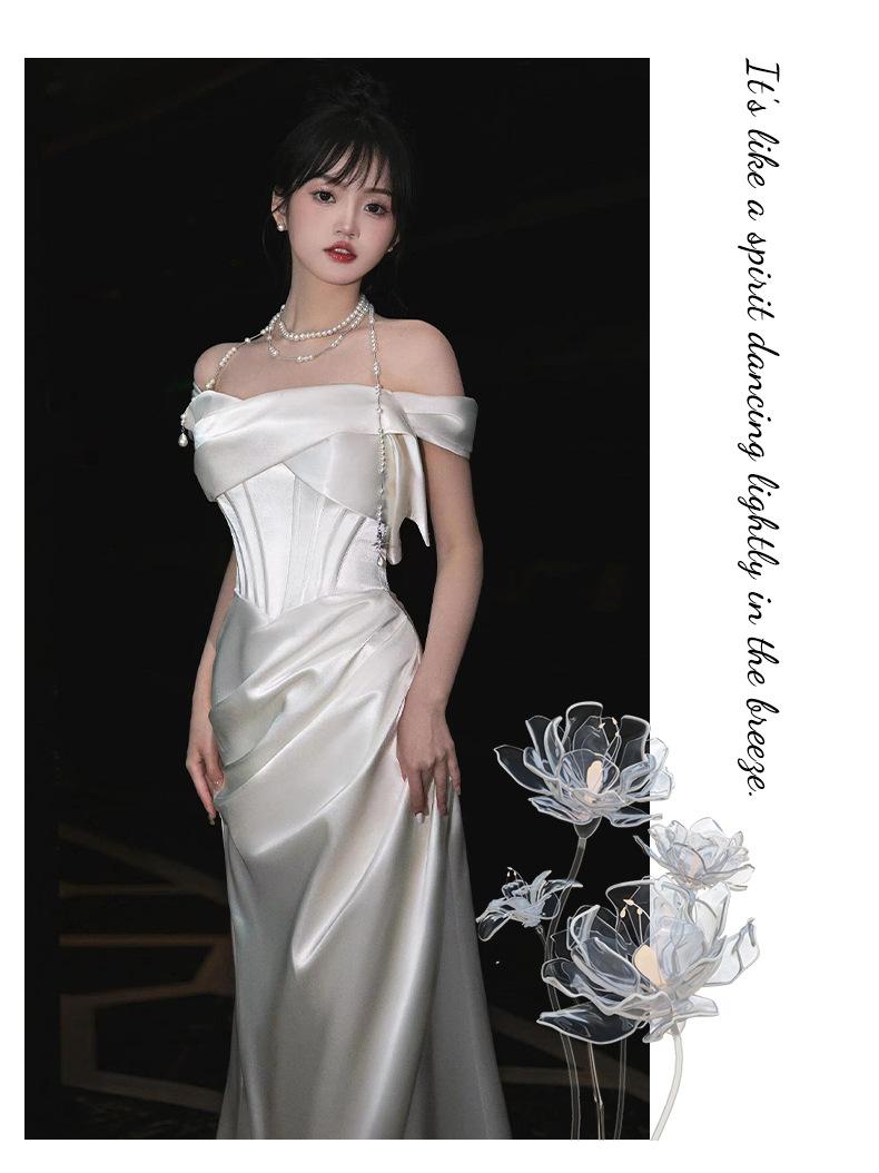 French Off-Shoulder Light Wedding Dress – Bridal Toast Gown, White Engagement Departure Dress, Elegant Banquet Evening Gown