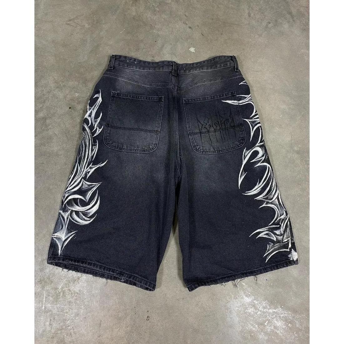 American Retro Gothic Halloween Geometry Graffiti Print Denim Shorts Men Women Y2k Low Waist Baggy Knee Length Jeans Jorts Short Streetwear Trendy Vintage 90s Style Cool Hip Hop Casual Festival Unisex