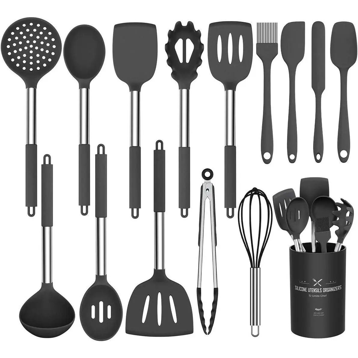 Silicone Cooking Utensil Set, 15pcs Silicone Cooking Kitchen Utensils Set, Non-stick - Best Kitchen Cookware with Stainless Steel Handle - Black Kitchen Utensils