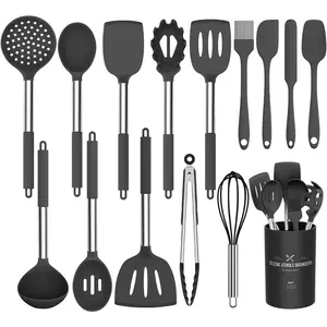 Silicone Cooking Utensil Set, 15pcs Silicone Cooking Kitchen Utensils Set, Non-stick - Best Kitchen Cookware with Stainless Steel Handle - Black Kitchen Utensils