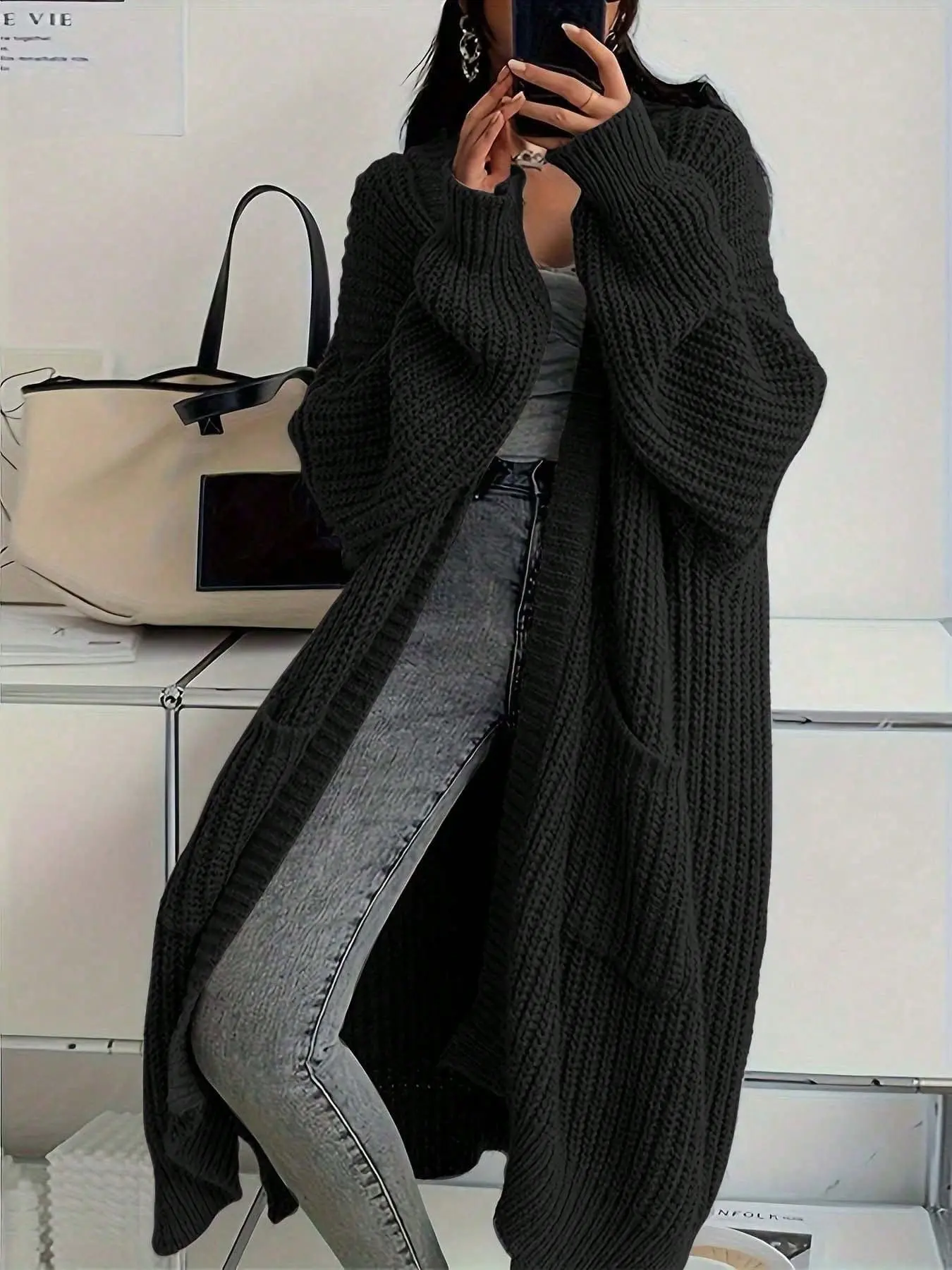 Cherrylem Women's Fall Winter Fashion Elegant Casual Commute Versatile Knit Long Cardigan Sweater, Loose-Fitting Plain Pattern