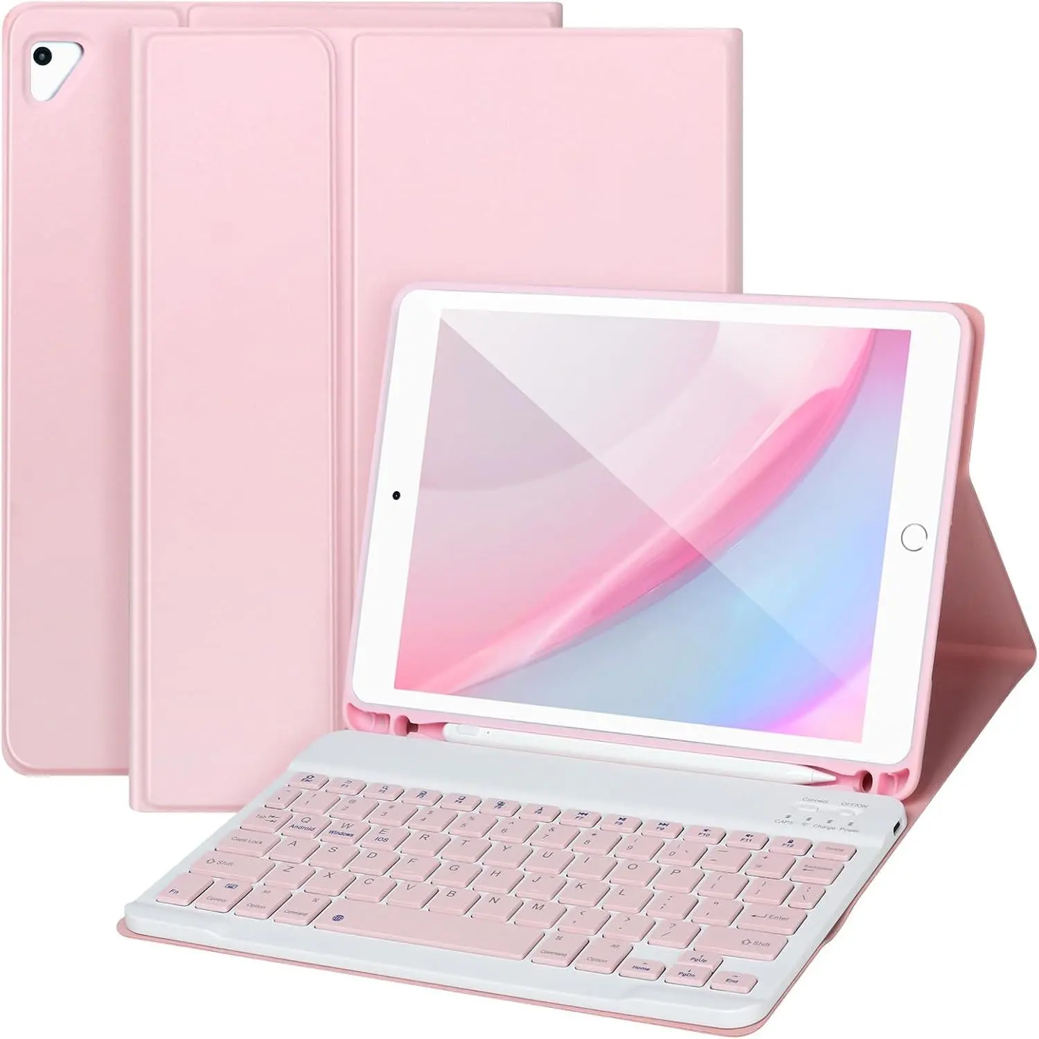 for iPad 6/5th Generation Case with Keyboard 2018/2017,Detachable Bluetooth Keyboard case for iPad Air 2/1,iPad Keyboard Case 9.7 inch with Pencil Holder,Square Keycaps,Pink