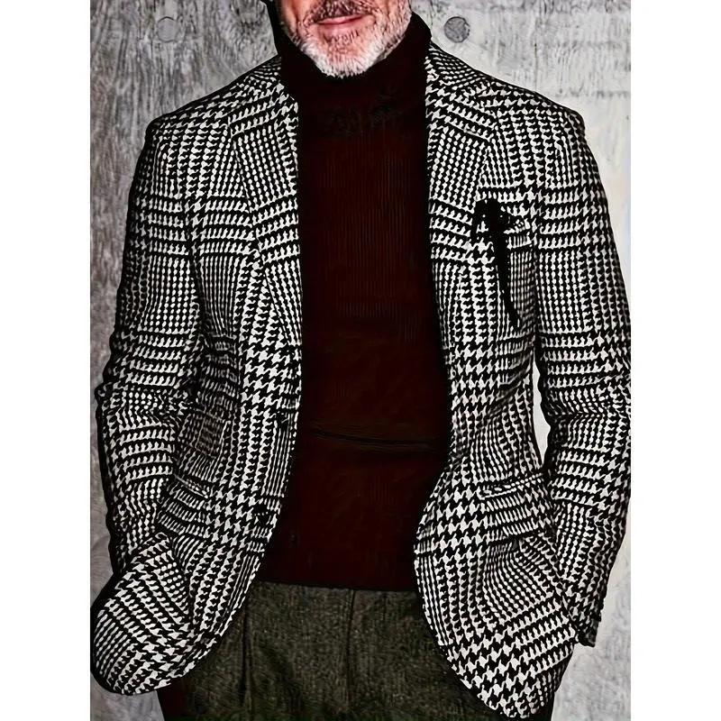 1pc Men's Classic Houndstooth Blazer, Casual Polyester Suit Jacket with Lapel Collar, Button Details, Non-Stretch Woven Fabric, Regular Fit Long Sleeve Menswear for Spring Fall, Beige Grey Plain