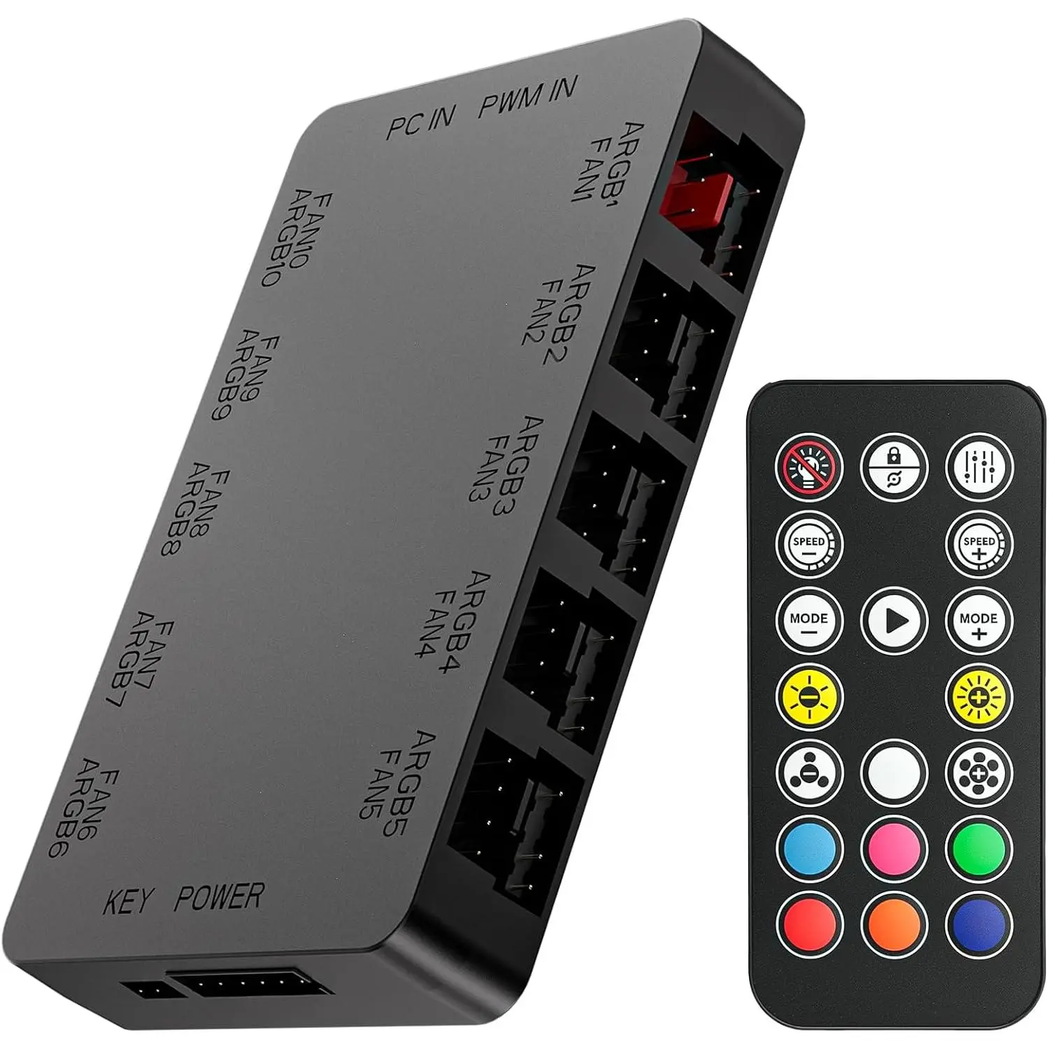 10-Port ARGB & PWM Fan Hub Controller -  Mount 5V/3PIN RGB PC Fan Hub with Remote Control, Chassis Key Control & SATA Power - Support 10 PWM Case Fans Splitter & ARGB Lighting Devices