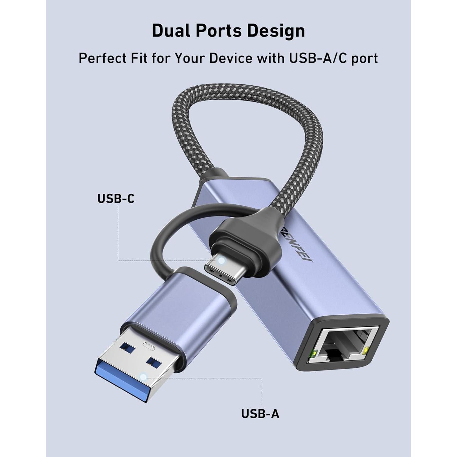 USB 3.0 to Ethernet Adapter, USB C to RJ45 Gigabit LAN (1000Mbps) Network Adapter, Compatible with MacBook/Pro/Air, Surface Pro, Windows 11/10/8/7,  OS [Aluminium Shell&Nylon ]