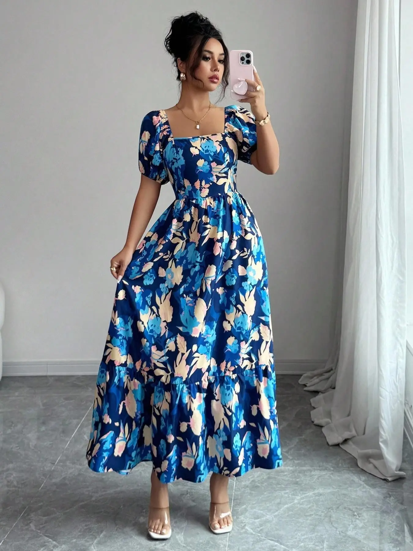 French Square Neck Bubble Sleeve Floral Long Dress, Waist Cinch Slimming Vacation Style Dress, Elegant and Chic Comfortable Evening Wear