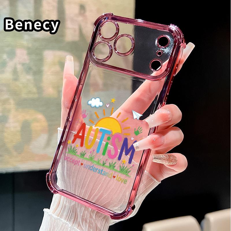 Autism Love & Understanding Pattern Phone Case for iPhone 17 Pro Max 16 15 Plus Air 14 13 12 11 E Electroplated Four-Corner Anti-Fall Protection Cellphone Cover