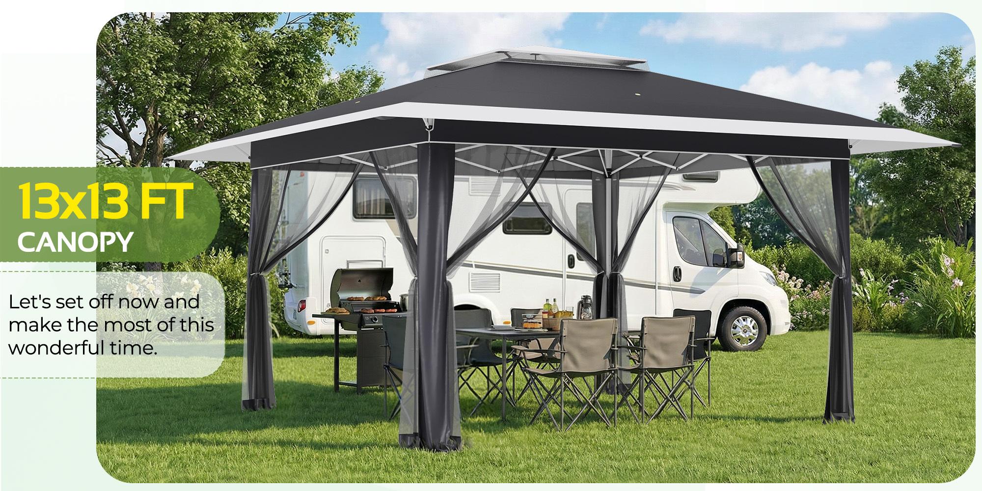 13x13 FT Easy Pop Up Canopy Tent with Netting, UPF 50+ Outdoor Canopy with Extended Eaves for Camping, Picnics, Outdoor Events & Backyard Use