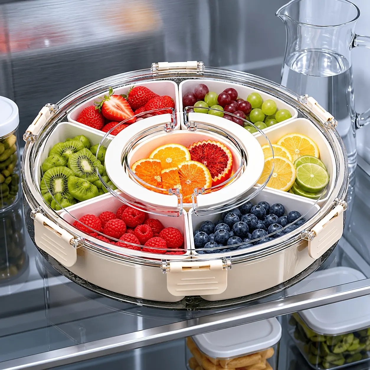 Clear 6-Compartment Rotating Turntable Snack Tray with Handle & Lid - Airtight Moisture-Proof Round Serving Dish, Portable Divided Serving Box Suitable for Dried Fruits, Nuts, Veggies, Candy, for Home, Picnic, Office, Lunch Box Organization