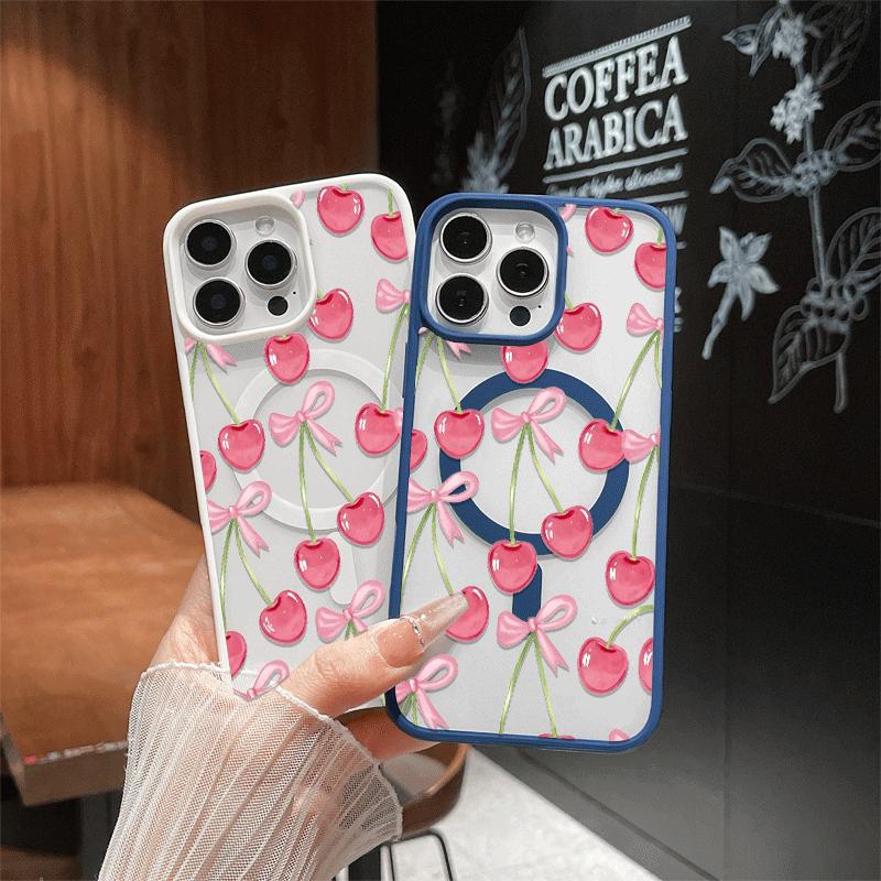 Aesthetic Magnetic Compatible Case for iPhone 17 Pro Max / 16 / 15 Pro Max / 15 / 14 / 13 / 12 / 11 / XS / XR – Cute Cherry Pattern Print | Shockproof Silicone Lightweight Scratch-Resistant Protection