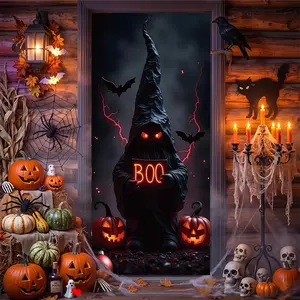 Halloween Decorations Front Door Banner, Featuring Red-eyed Pointed Hat Dark Wizard, Glowing BOO Text, Jack-o'-lanterns and Bats, Perfect as Porch Sign, Haunted House Prop, Party Backdrop, Yard Decor, Photography Background, Window Display for Spooky Holi
