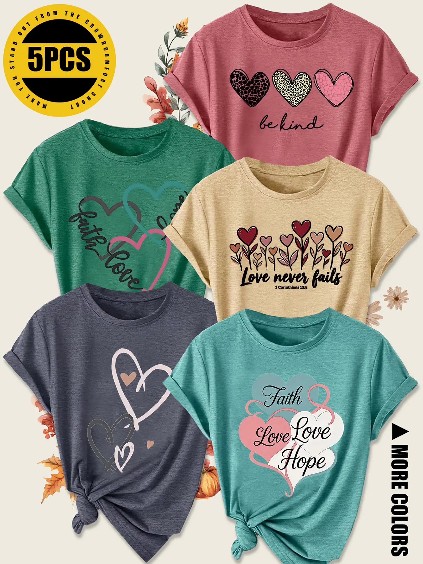 5Pcs Plus Size Women Crew Neck T-Shirt, Romantic Multi-layer Leopard Heart Vibe Print, Multi-color Washable Spring Summer Top, Soft Skin-friendly Fabric Daily Versatile Fashion Design