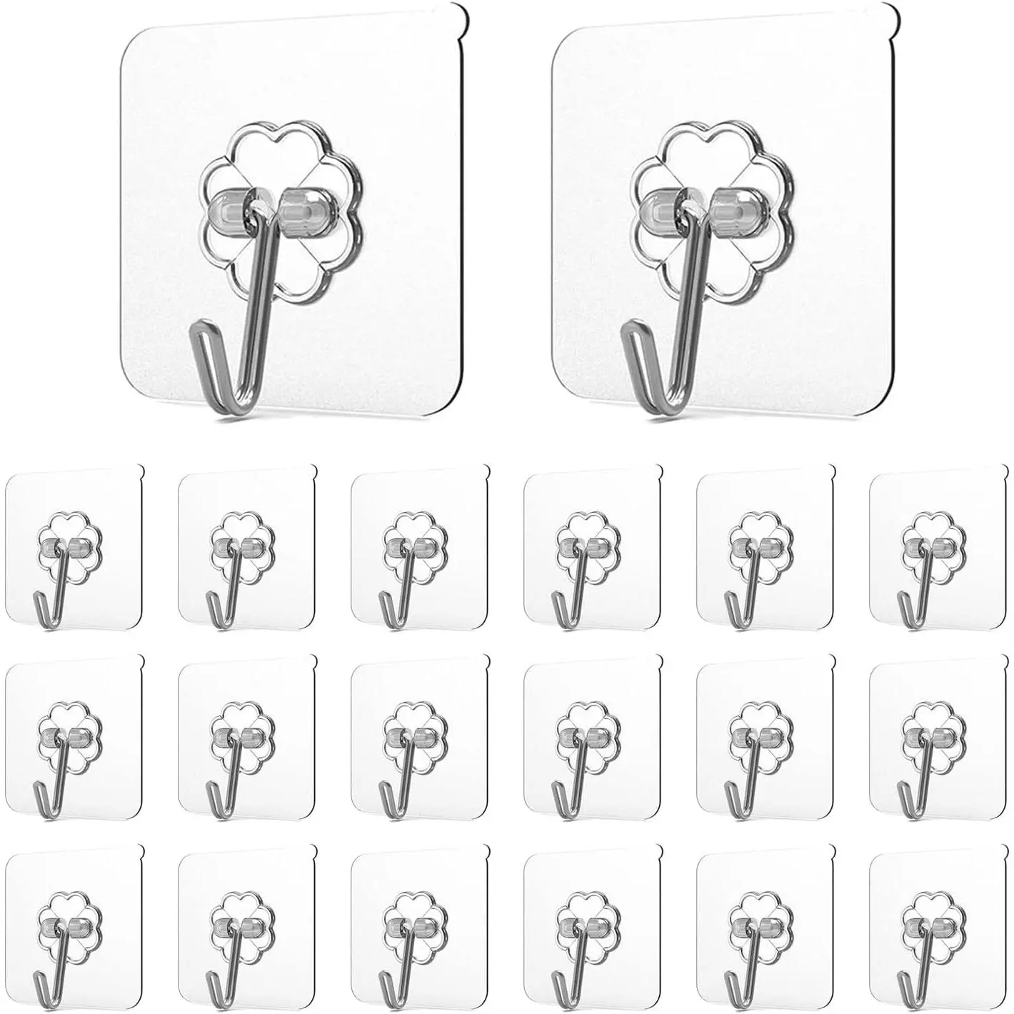 20-Pack Modern Heavy-Duty Smooth Transparent Adhesive Hooks, Waterproof Stainless Steel-Ceramic Synthetic Ceiling-Mount Sticky Solutions (Max 22lb) for Indoor Shower, Household Items