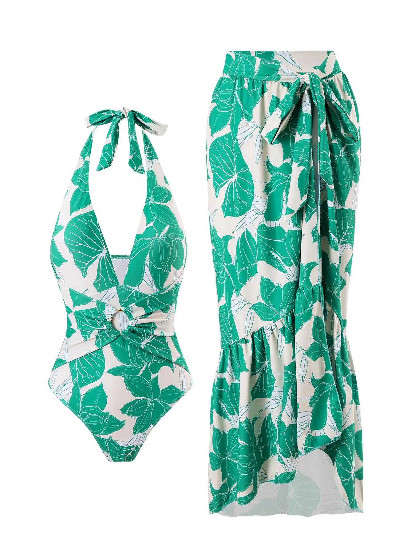 Women's Leaf Print Tie Back One-Piece Swimsuit & Cover Up Skirt Two-Piece Set, Casual Fashion Swimwear Set for Beach Holiday Vacation, Ladies Swimsuit for All Seasons