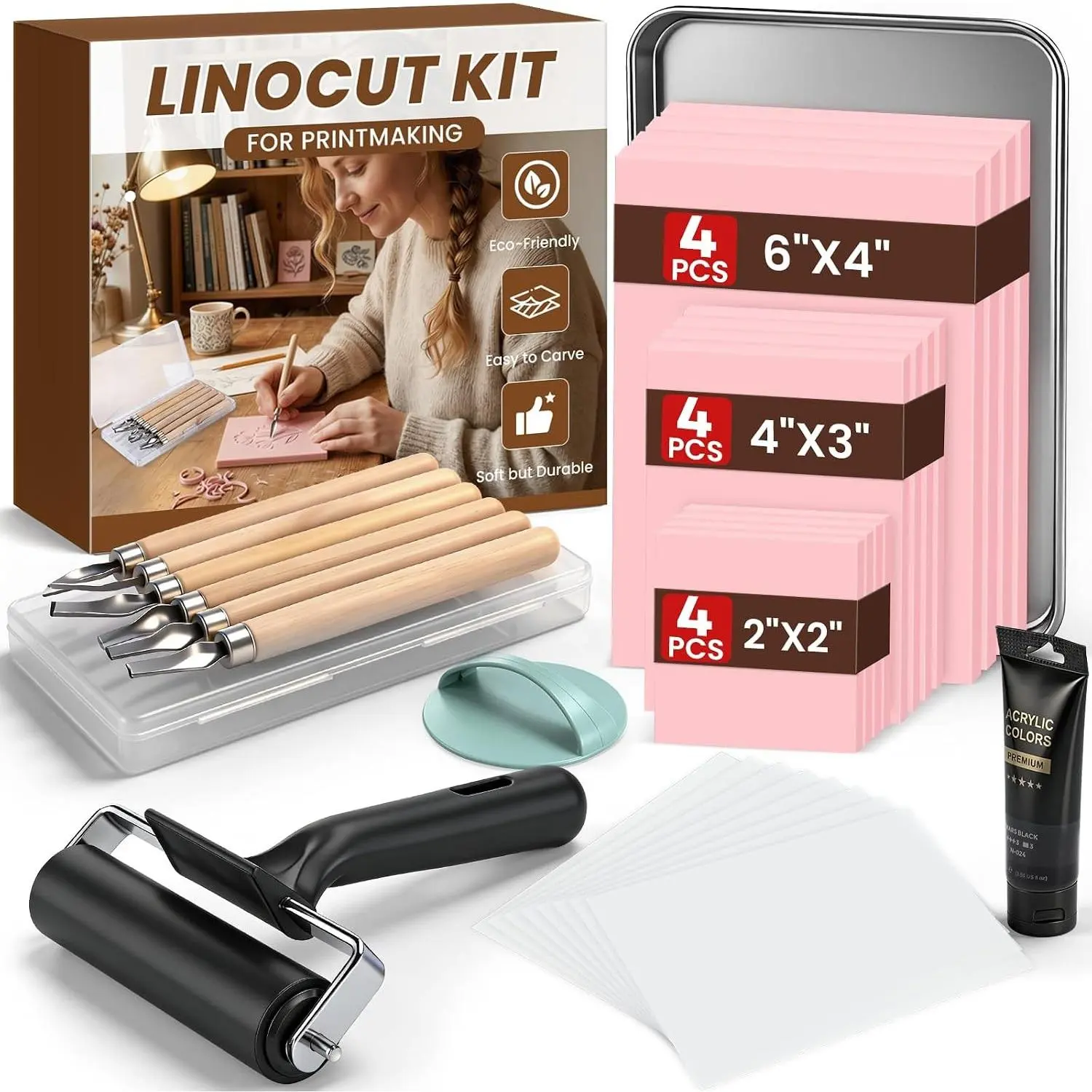 Linocut Kit for Printmaking, Linocut Tools Block Printing | Stamp Making Kit Supplies with 12Pcs Linoleum, Blocks Brayer Ink Carving Tools for Beginner Adults Artists DIY Birthday Gift