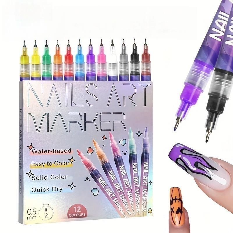 12-Color Nail Art Pen Set - Quick-Drying Acrylic Markers with 0.5mm Ultra-Fine Tip for Precision Line Work & Detailed Nail Art - Highly Pigmented DIY Manicure Kit for Creating 3D Doodles, Flowers & Abstract Designs