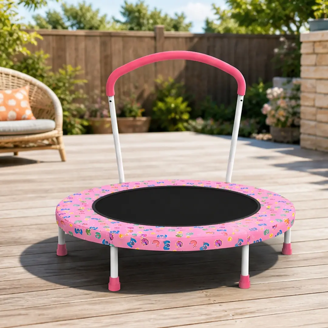 36-Inch Toddler Mini Trampoline with Safety Handle & Strong Pink Metal Frame, Indoor-Outdoor Rebounder for Ages 1-6, Confidence-Boosting Balance Workout, 150 lbs Capacity, Outdoor Trampolines
