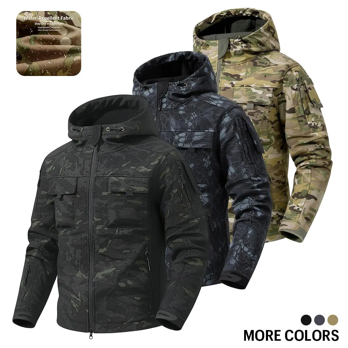 Men’s camouflage tactical hooded jacket with multiple pockets and Velcro cuffs, military style, waterproof softshell for outdoor fishing, mountaineering, hunting, and hiking.
