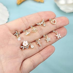 Trendy Summer 9 PCS Dangle Nose Rings - L Shaped for Women, 20G Stainless Steel Nose Rings Studs with CZ Cross, Crown, Flower, Heart Dangling Piercing Jewelry