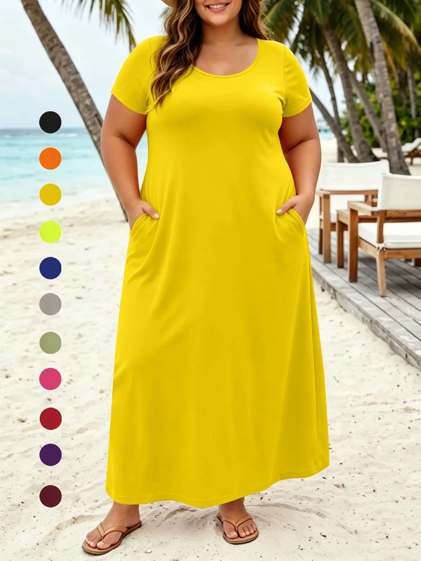 Summer New Plus Size Solid Color Dress, Casual Sexy Home Office Deep V Short Sleeve Long Dress, Comfortable and Stylish