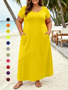Summer New Plus Size Solid Color Dress, Casual Sexy Home Office Deep V Short Sleeve Long Dress, Comfortable and Stylish