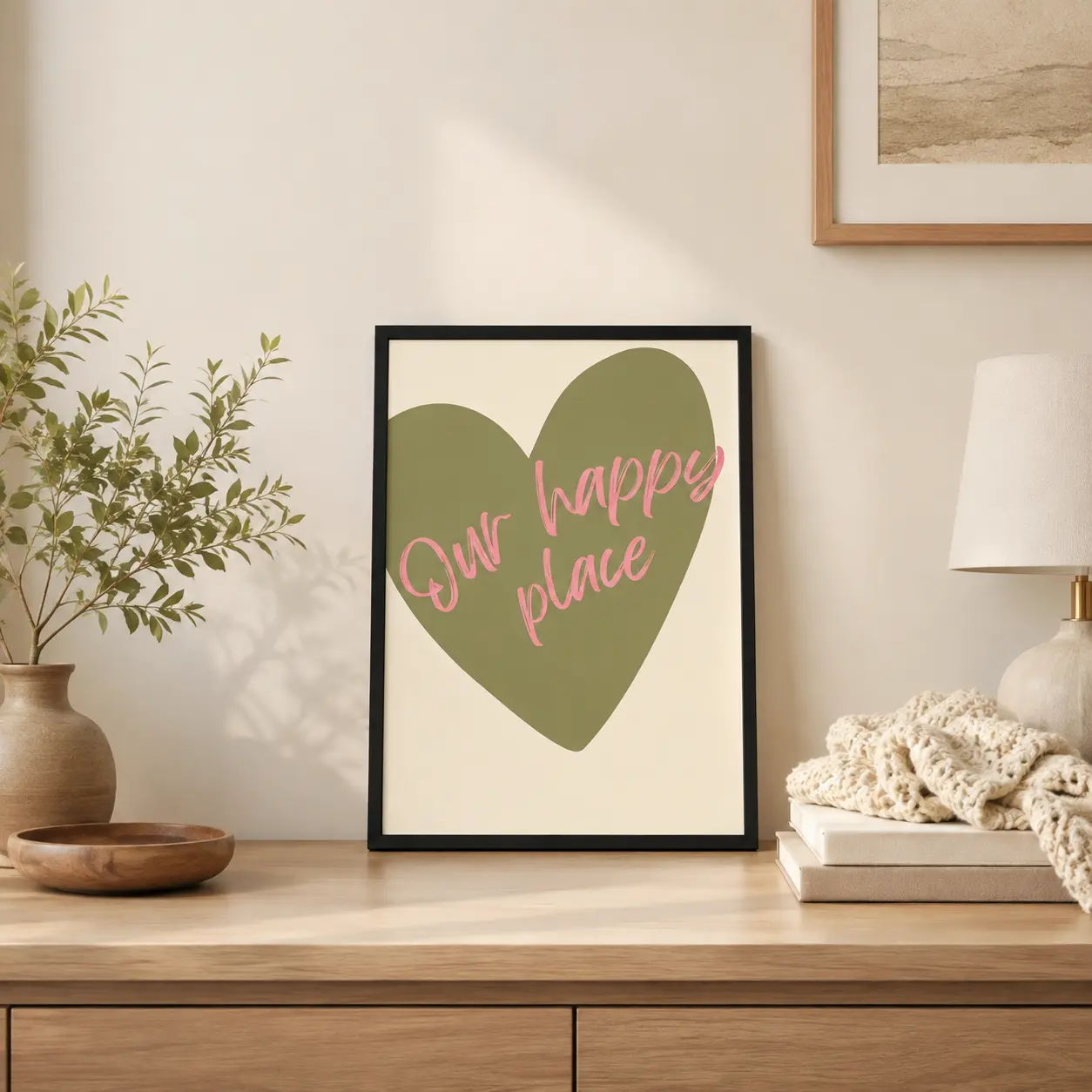 Our Happy Place Framed Canvas Wall Art, Green Heart and Pink Quote Poster, Minimalist Decor for Bedroom Living Room Apartment Home