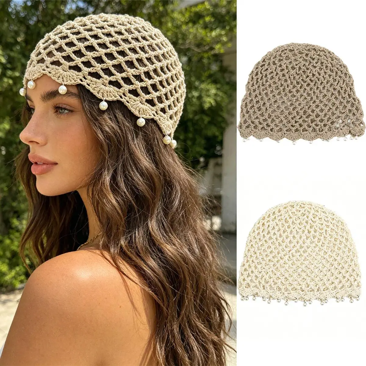 Y2K Summer Crochet Small Sequin Pearl Pendant Beanie Hat for Women Lightweight Hollow Out Knit Beanies Hat Breathable Cap Headwear