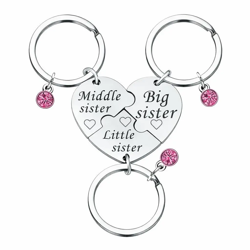Sister Keychains for 3 Sisters Gifts - Big Sis Mid Sis Lil Sis Matching Heart Keychain Set, Stainless Steel Hypoallergenic Sister Jewelry Gifts for Birthday Christmas