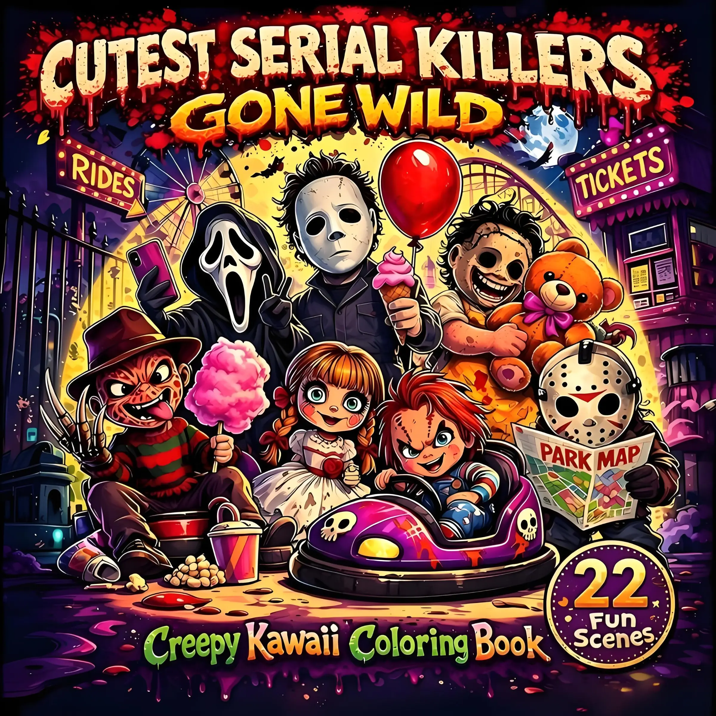 Cutest Serial Killers Gone Wild Creepy Kawaii Coloring Book, Cute Spooky Horror Movie Characters, 22 Fun Scenes Stress‑Relief Coloring Pages for Adults & Teens,Gift for Horror Fans,Back-to-school and holiday gifts