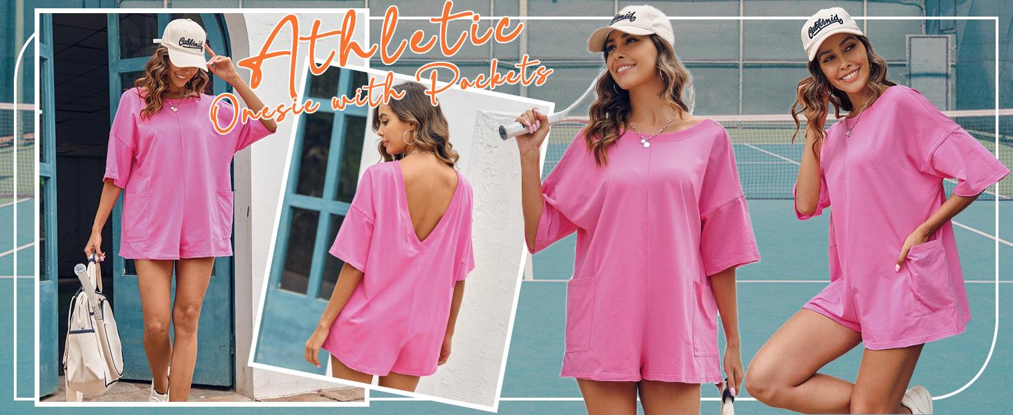 Imily BelaRompers for Women 2026 Summer Athletic Oversized Romper Short Sleeve Jumpsuit with Pockets