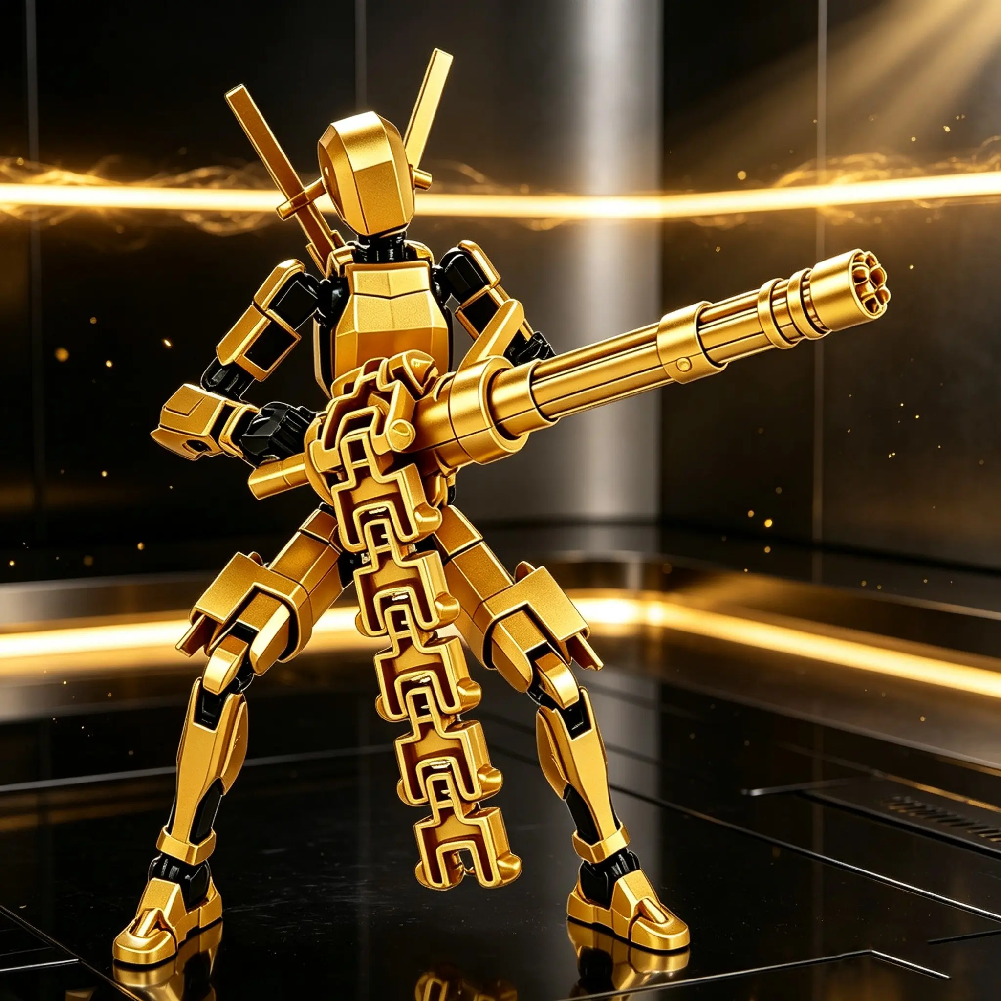 Advanced Metal Color Gold Silver Multi-Joint Robot Model, Fully Articulated Mechanical Toy, Gatling Gun Accessory, Desktop Decor, Boy's Gift