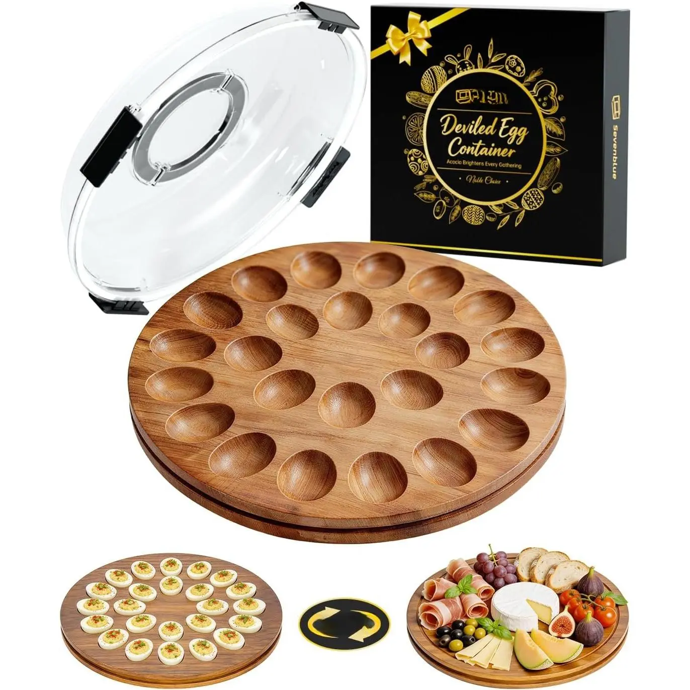 Deviled Egg Containers with Lid, Double-Sided Locking Design | ﻿ Portable Acacia Wooden Base with 24 Slots, Deviled Egg Platter Carrier Holder Trays, for Party and  Kitchen