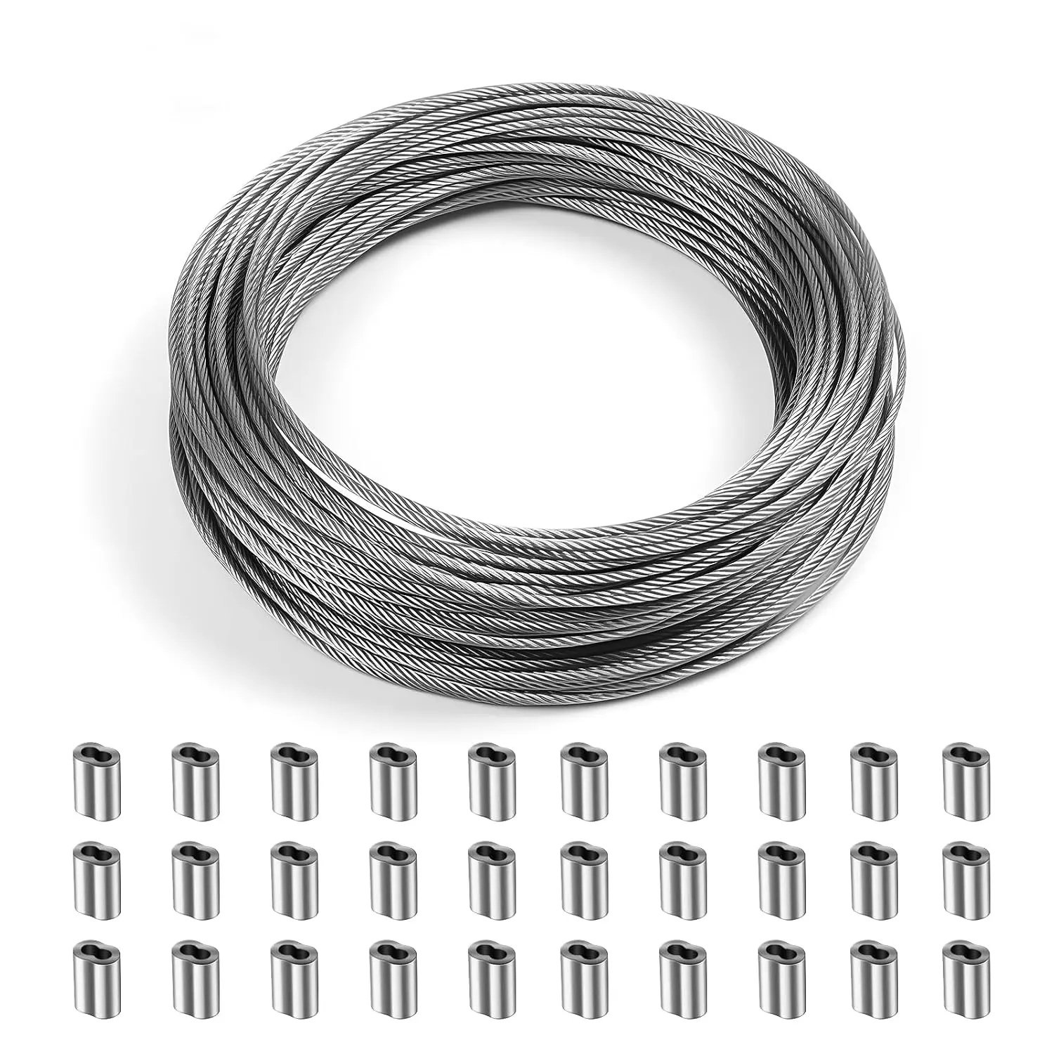 1/16 Inch 7x7 Wire Rope Kit, 100FT Stainless Steel Wire  with 30  Sleeves, Aircraft  for DIY Projects,  Repair, Outdoor Railing, , and Model Building