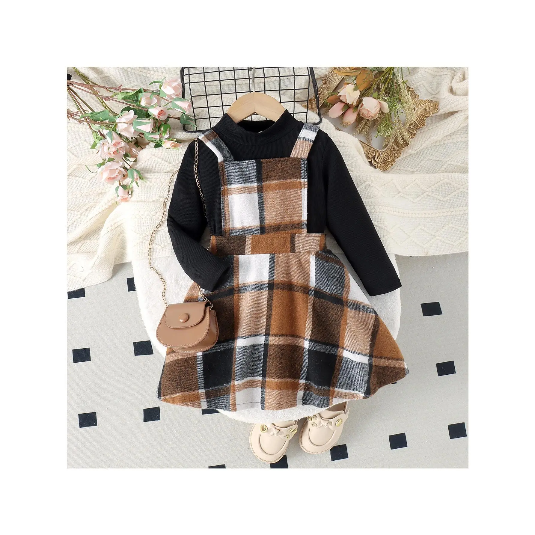 Kids Girls Fashion 2 Piece Set Solid Color Top and Plaid Pinafore Dress Casual Outfit for Daily Wear