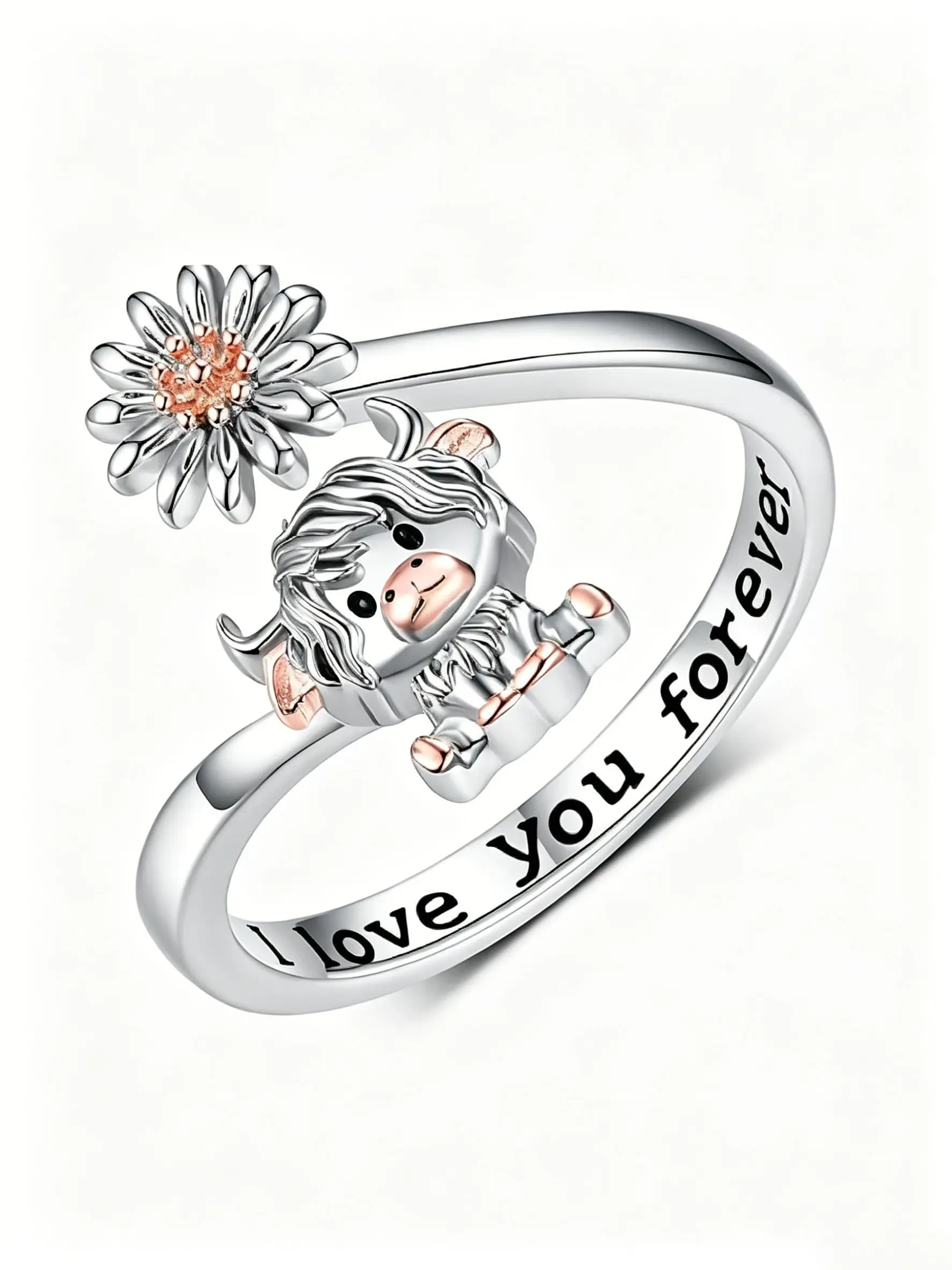 Highland Cow Adjustable Ring, Cute Daisy Design, Hypoallergenic, "I Love You Forever" Engraved, Perfect Gift for Her, Jewelry for Daily Wear, Unique Gift for Animal Lovers, Simple Open Ring, Metal Ring, Steel Ring