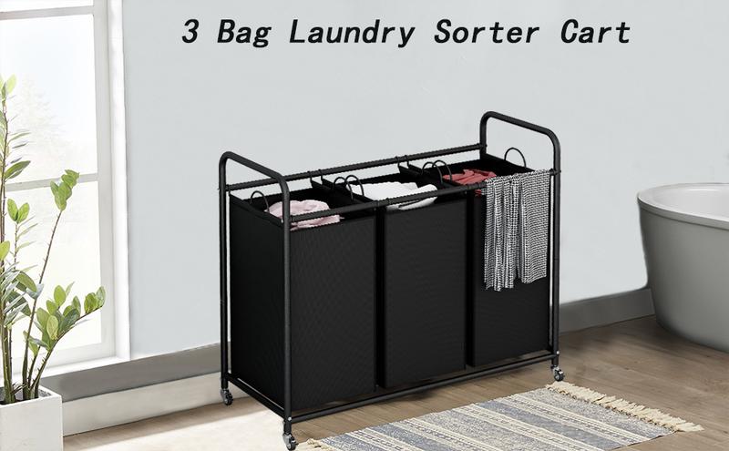 3-Bag Laundry Basket Hamper Laundry Sorter Cart laundry room organization with Heavy Duty Rolling Lockable Wheels and Removable Bags【A001】 Deals For You Days