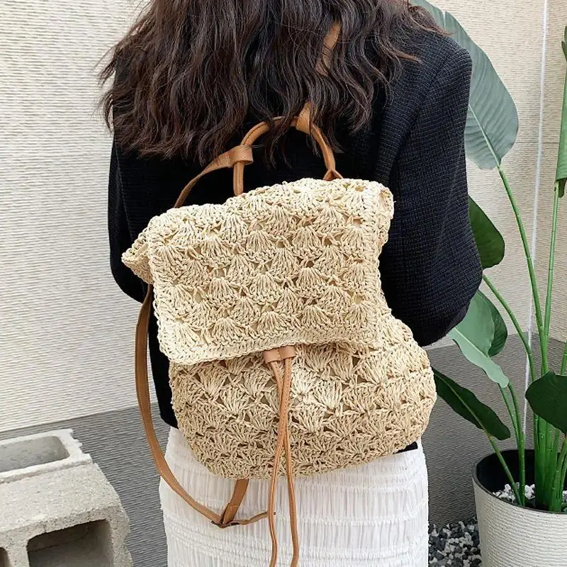Women's Retro Synthetic Woven Straw Drawstring Backpack - Unisex Rattan Rucksack, Leakproof Draw String Bag for Beach Holiday Travel