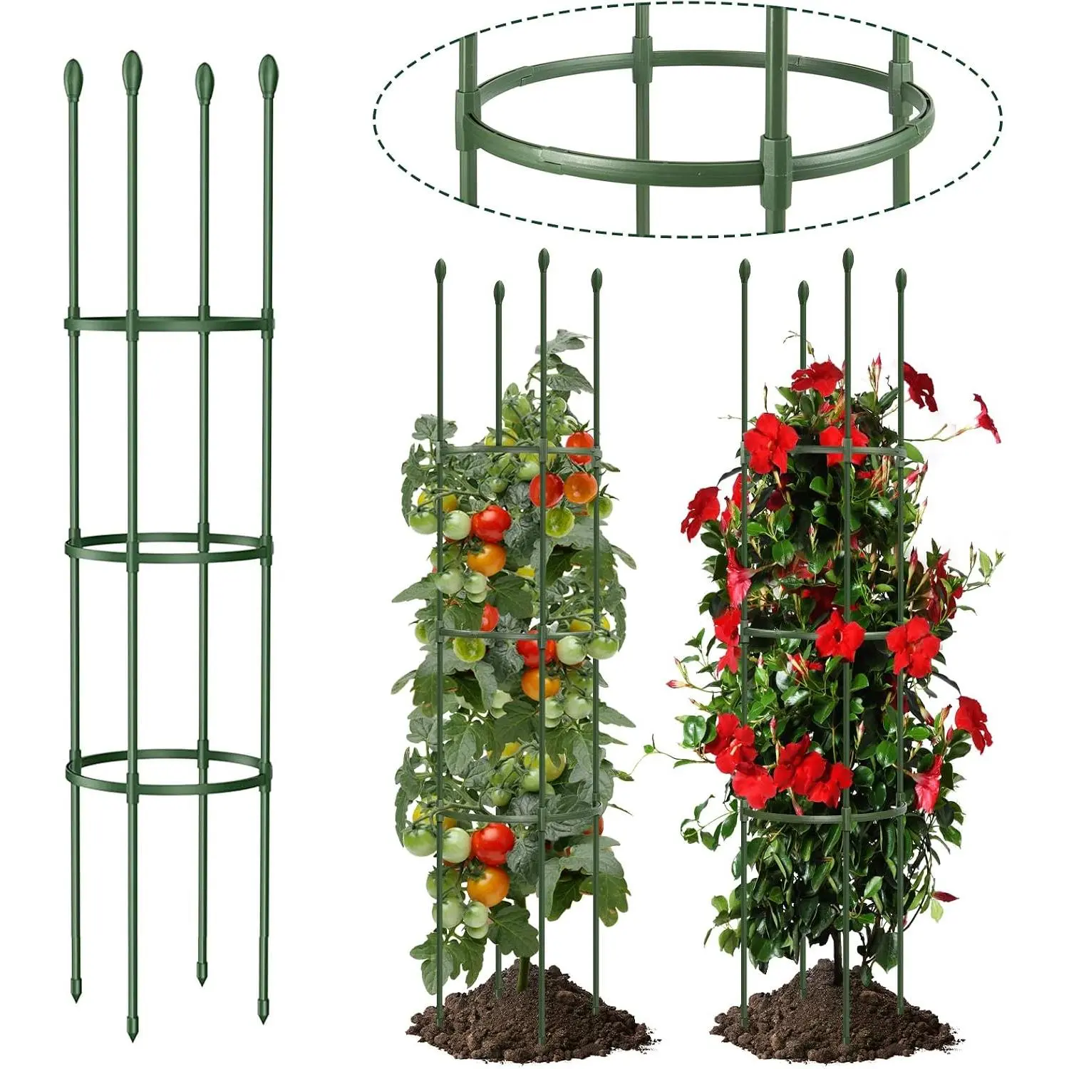 Round Heavy Duty Tomato Cage - 55 Inch Steel Core Plastic Coated Garden Trellis, 4- Rustproof  Support for Tomato/Cucumber/Beans, No Tools Snap Assembly, Spare   1PS