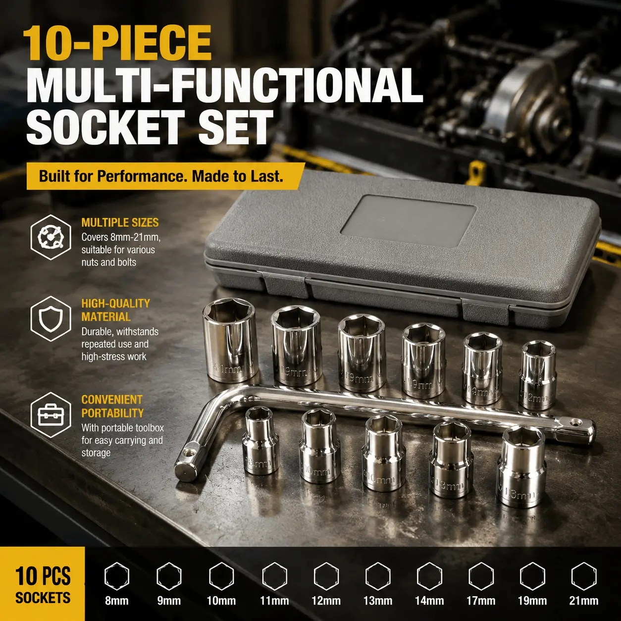 Professional 8-21mm Quick-Change Socket Set, Drive Sockets, Industrial Alloy Steel, Anti-Slip Design, Reinforced Handle, Impact-Resistant. Mechanic-Grade Tool Kit for Car Maintenance, Fits Multiple Sizes, Portable Emergency Set.