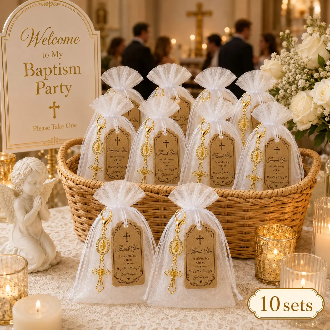 10/20 sets Gold Virgin Mary Cross Keychain Baptism Favor Set with White Organza Bags and Thank You Cards, Baby Shower Favors, Baptism and Christening Favors, First Communion Gifts, Primera Comunión Souvenirs